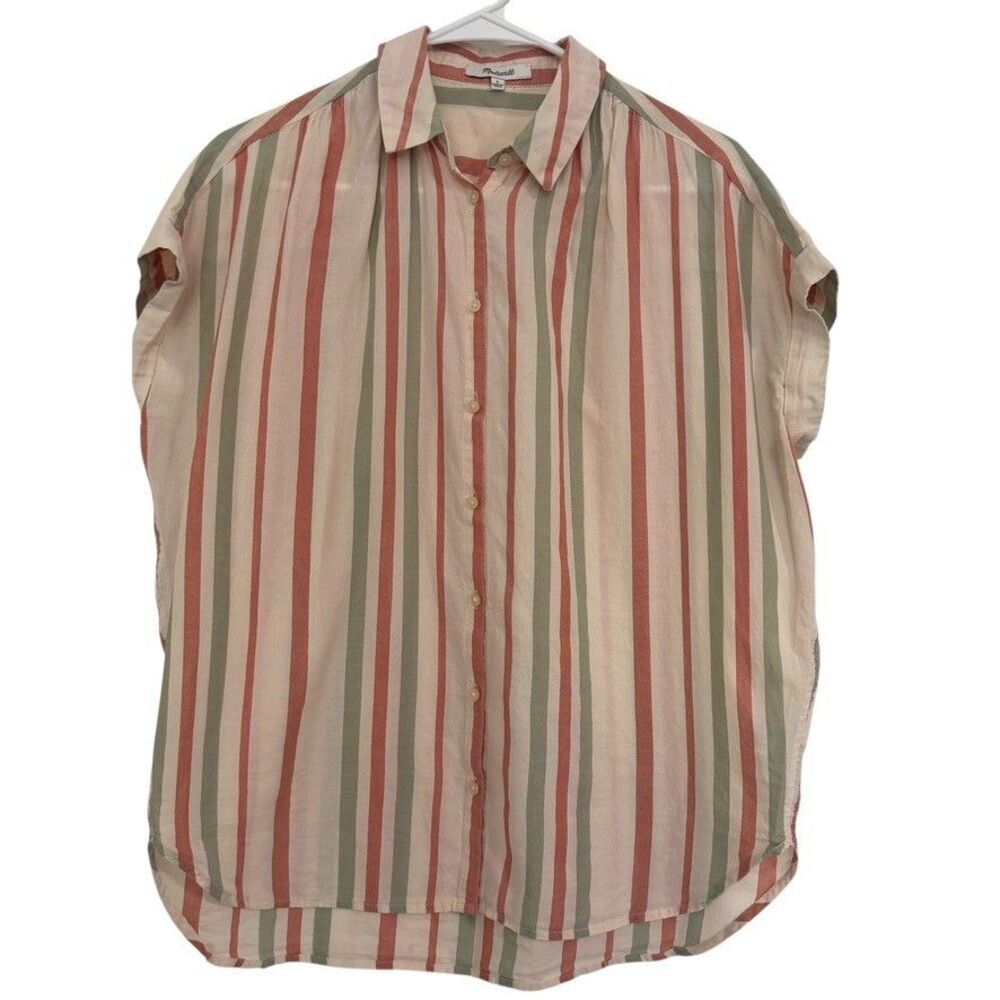 Madewell Cream Blouse with Pink and Green Stripes